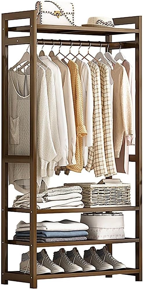 Floor-Standing Solid Wood Rotating Coat Rack，Freestanding Bamboo Clothes Rack with Hanging Rail, Storage Shelves & Compartments - Stylish Garment Hanger for Bedroom, Entryway & Closet Organi