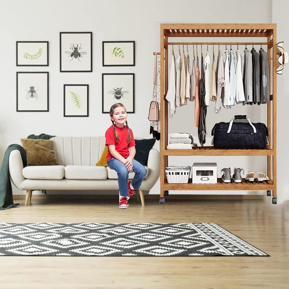 Coat Rack, Bamboo Garment Rack On Wheels Stand Heavy Duty Clothes Hanging Rack With 2 Tier Storage Shelves 4 Hooks For Clothes Shoes Hats Bags In Entryway Bedroom