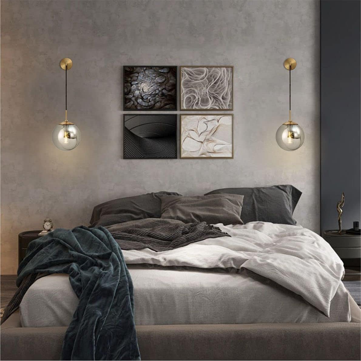 KCO Lighting Modern Glass Globe Wall Sconce Minimalist Gold Wall Mounted Sconce Light with Smoke Grey Lampshade Round Wall Lamp for Bathroom Mirror Bedroom (Smoke Grey-2PC)