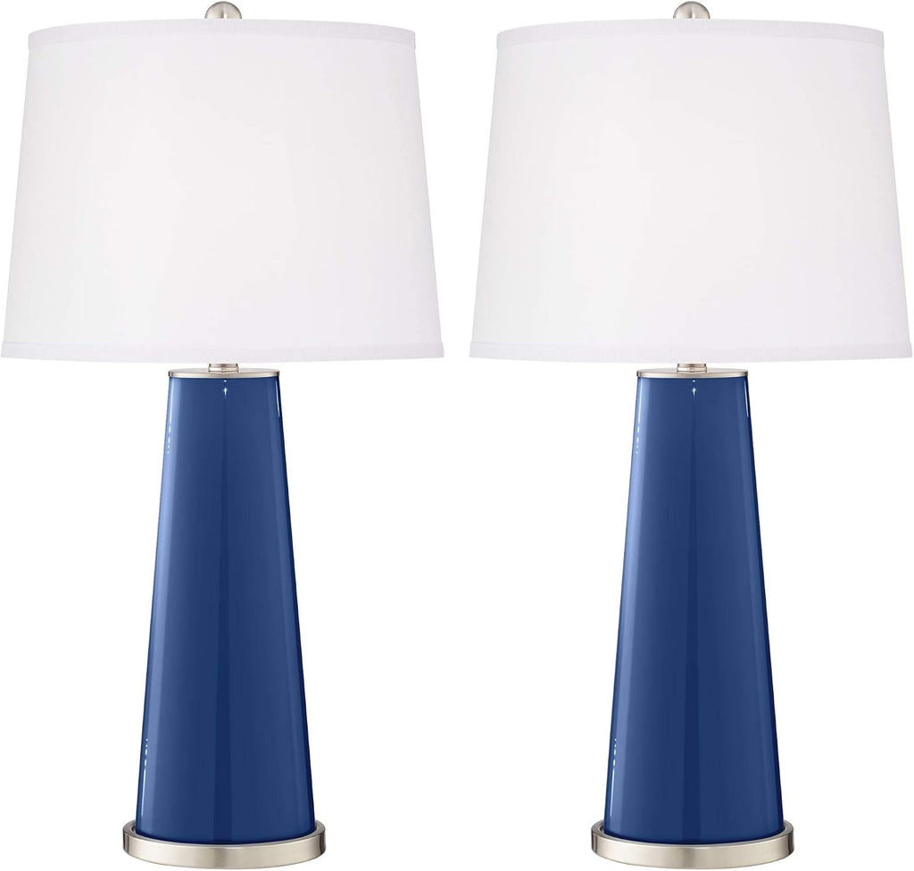 Color + Plus Leo Modern Table Lamps 29 1/2' Tall Set of 2 Monaco Blue Glass Tapered Column Plain White Drum Shade Decor for Bedroom Living Room House Home Bedside Nightstand Office Family