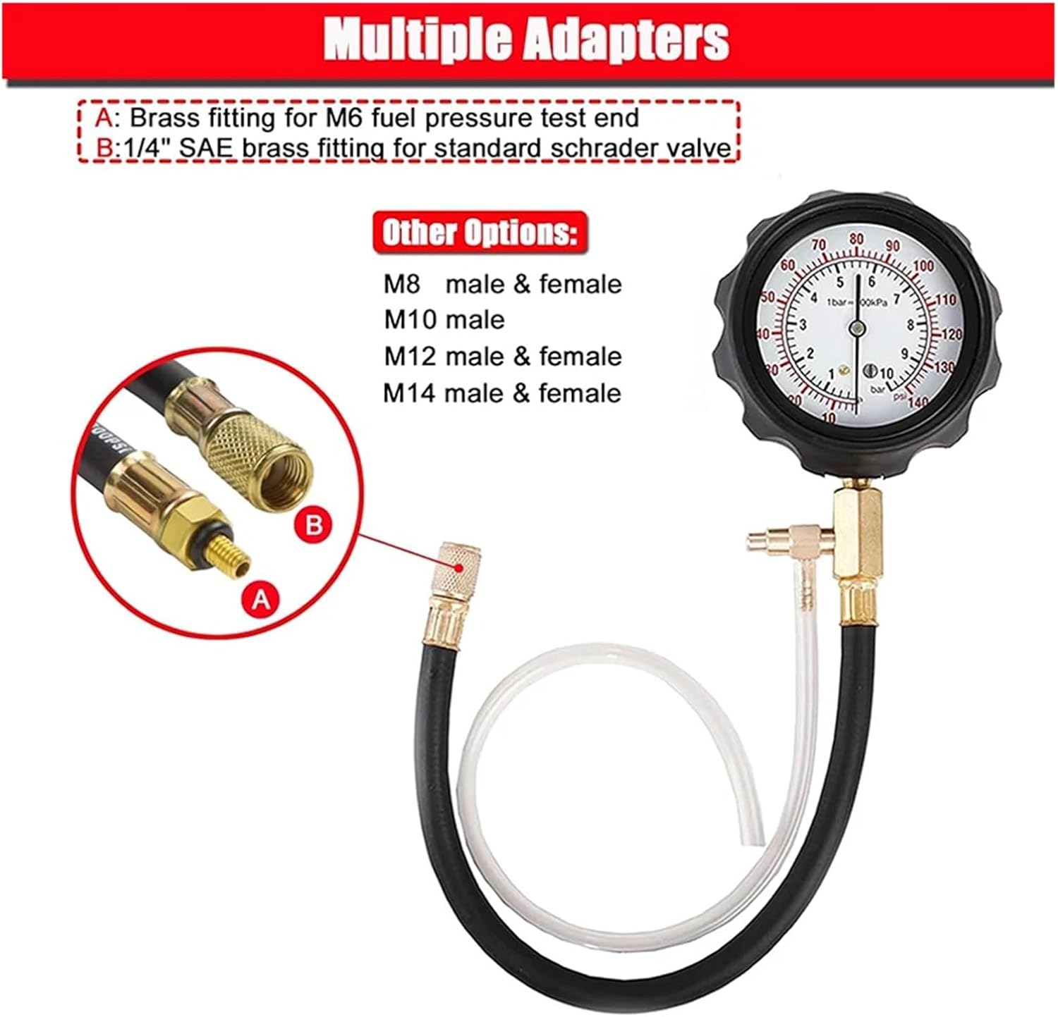 TU-114 Fuel Injector Pressure Gauge Tester Kit Compatible For Diesel Engine Compression 0-140 PSI Gas Oil Pressure Tools for Car Motorcycle