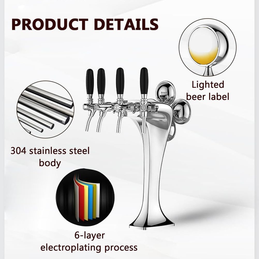 4 Taps Stainless Steel Tower, Pipe Tower Kegerator, with LED Beer Labels, Electroplating Surface (Gold/Sliver),Silver