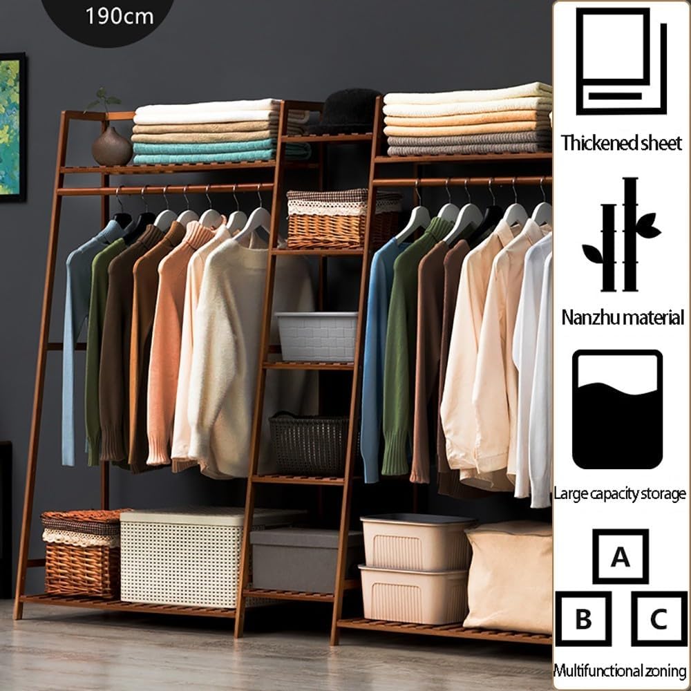 Floor-Standing Solid Wood Rotating Coat Rack，Bamboo Open Wardrobe Coat Rack with Shelves - Versatile Clothing Organizer for Coats, Towels, Shoes & Boxes - Stylish Bedroom Storage Solution fo