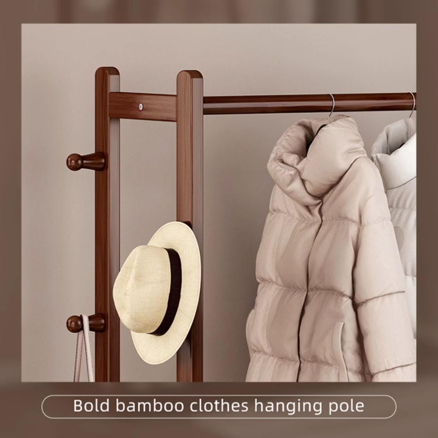 Solid Wood Clothes Rack with 2 Shelves & 4 Hooks for Hanging Clothes Wallets Hats, Garment Rack Heavy Duty Freestanding Coat Rack with Storage for Hallway Bedroom Living Room