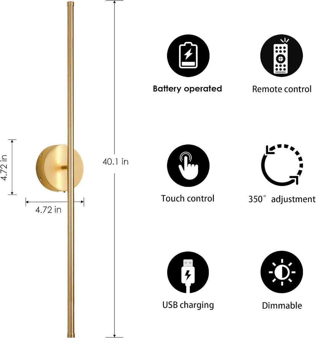 KARTOOSH Battery Operated Wall Sconces with Remote Control, Dimmable Wall Sconces Set of Two, 350°Rotate, 3000K LED Gold Wireless Wall Light for Living Room, Bedroom, Hallway, 40.1 Inch (2 Pack)