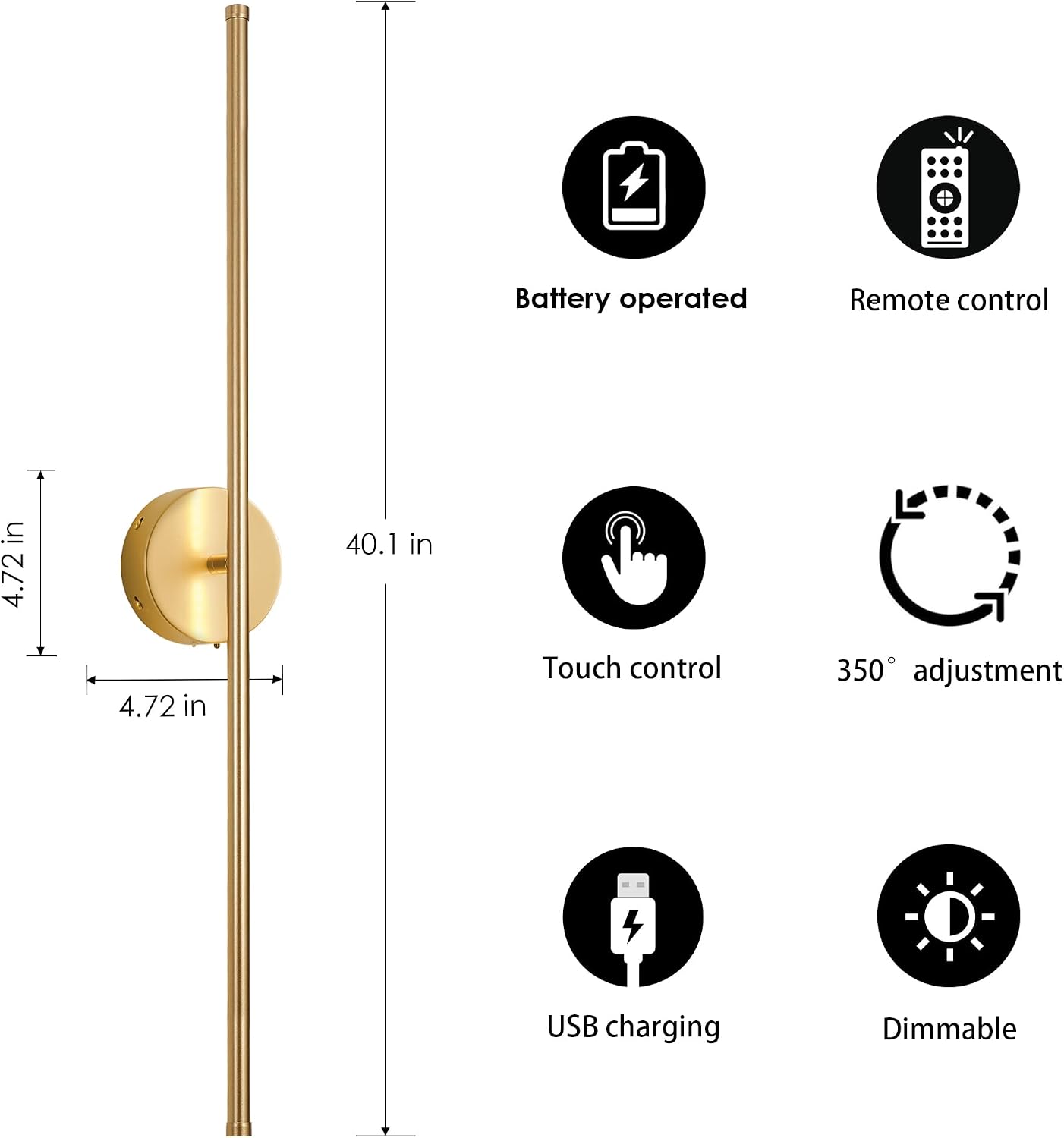 KARTOOSH Battery Operated Wall Sconces with Remote Control, Dimmable Wall Sconces Set of Two, 350°Rotate, 3000K LED Gold Wireless Wall Light for Living Room, Bedroom, Hallway, 40.1 Inch (2 Pack)