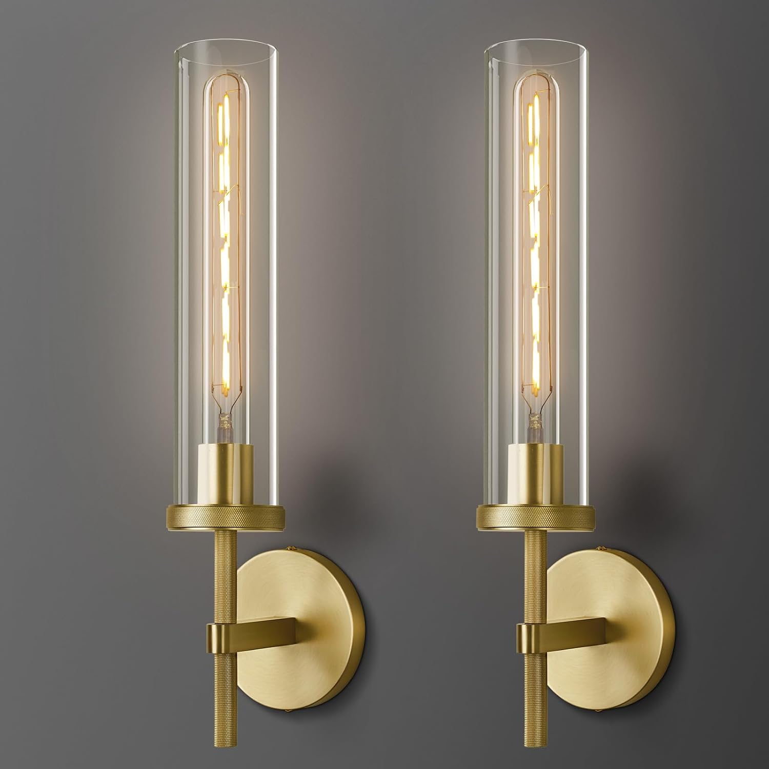 Gold Wall Sconces Set of Two, 19.48' Knurled Gold Wall Lighting with Glass Tube, Modern Brass Sconces Wall Lamp for Bedroom Living Room Bathroom Hallway Staircase & Vanity Mirror(Including Bulb)