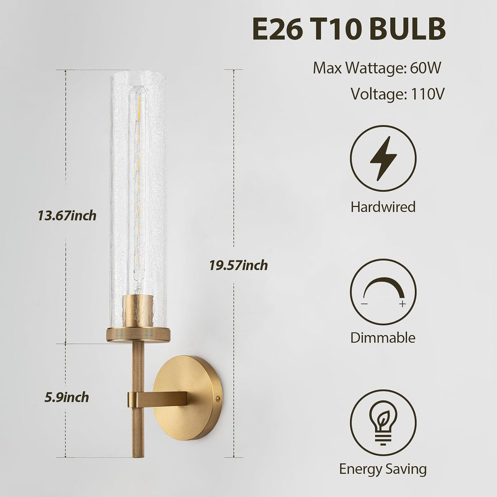 19.5' Knurled Brass Wall Sconce with Crackle Glass Tube, Gold Bathroom Vanity Light Fixtures, Modern Lamp Lighting for Bedroom, Living Room, Hallway, Staircase, Mirror, Kitchen