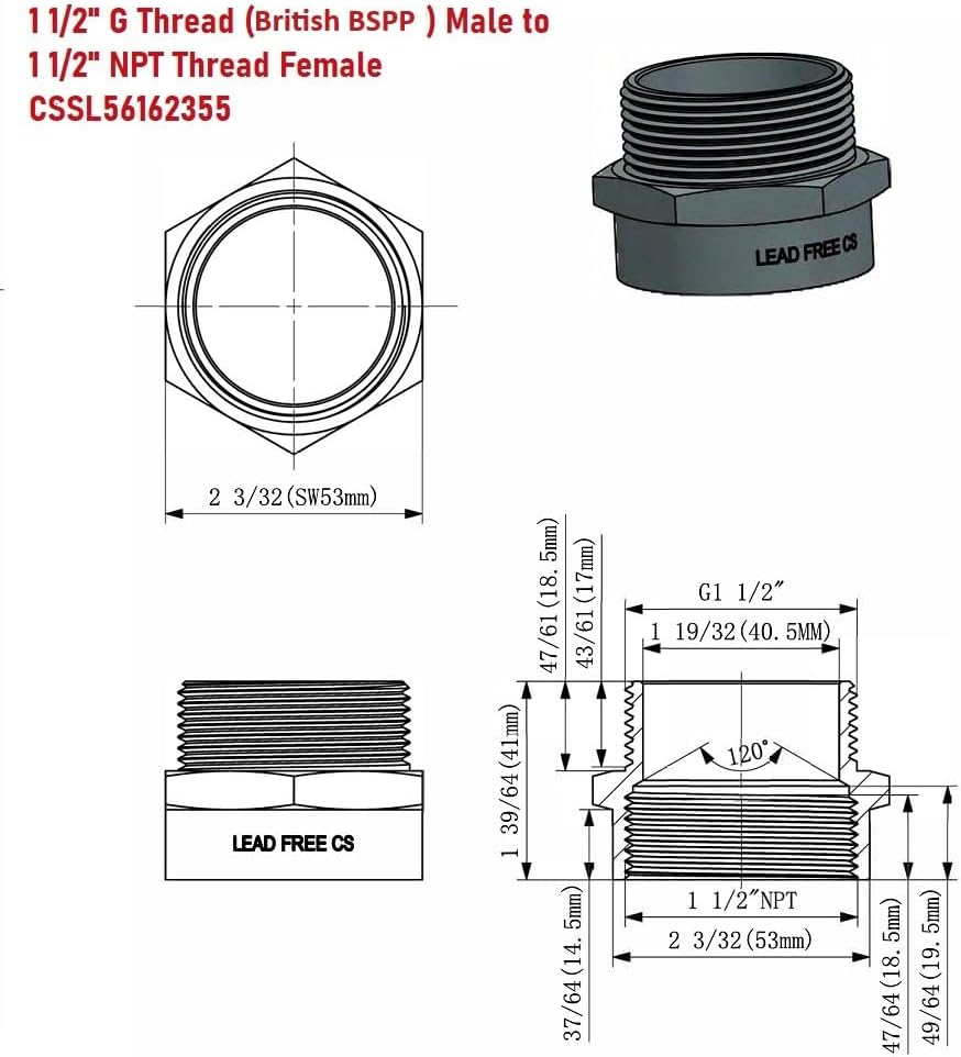 G Thread (British BSPP) Male to NPT Female Adapter - Lead-Free ((1 1/2' x 1 1/2' (4 Pieces)))
