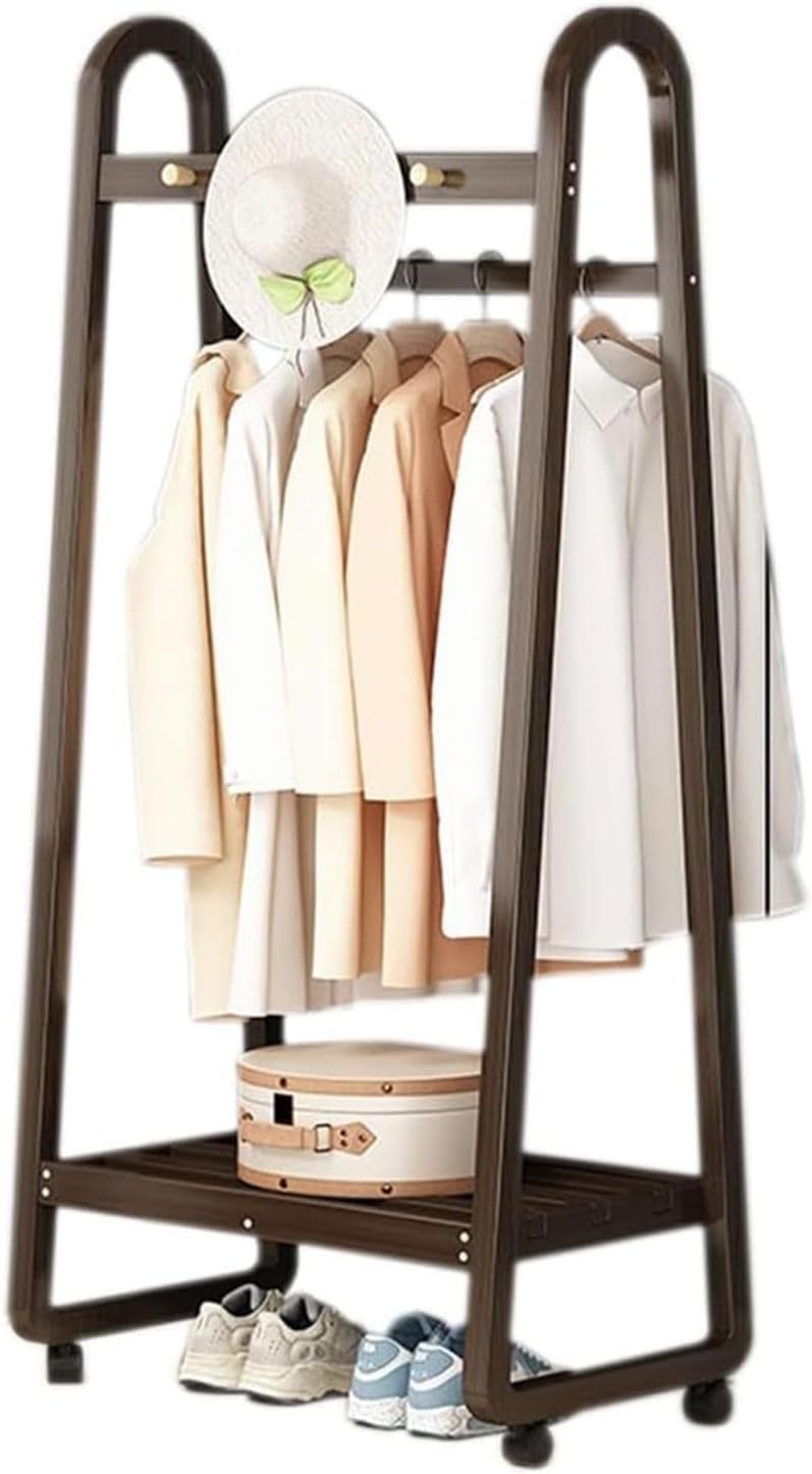 Multifunctional Bamboo Clothes Rack on Wheels with 3 5 Hooks & Shoe Storage Shelf Portable Garment Hanging Stand for Bedroom & Living Room Walnut 60CM