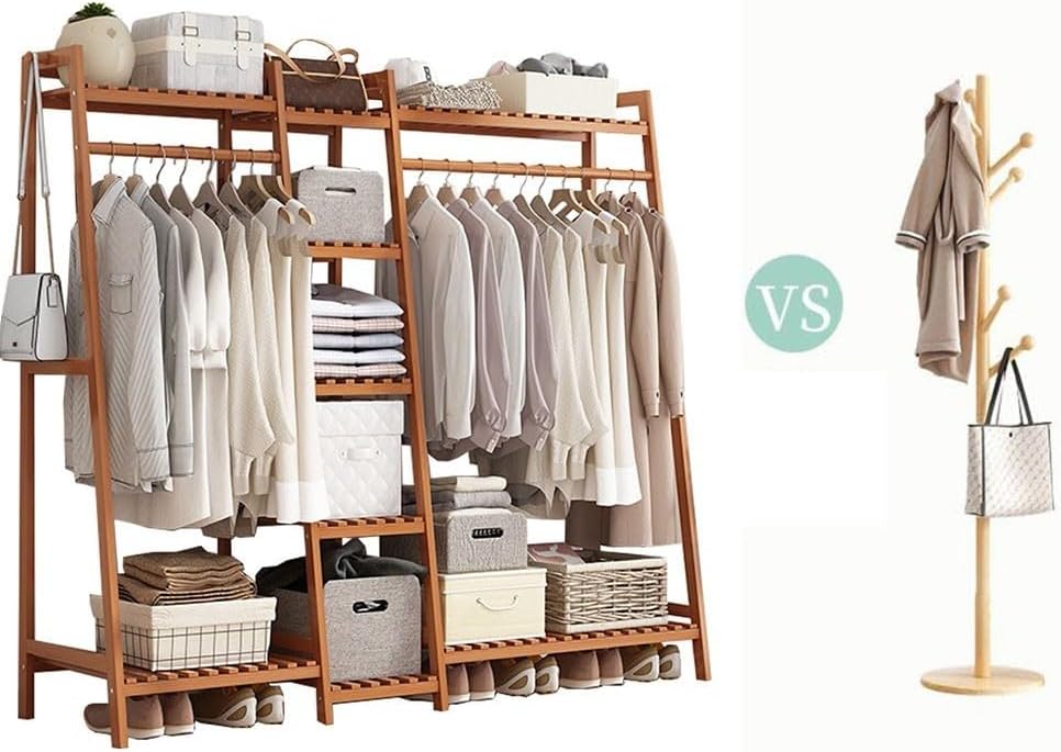 Heavy Duty Clothes Rail, Portable Extra Large Garment Rackwith 5 Partition, Bamboo Coat Rack for Hanging Clothes, Easy to Install for Clothes Shoes Storage
