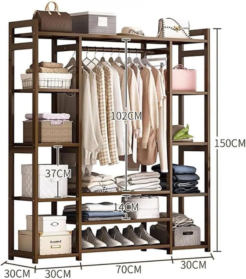 Garment Rack with 13-Tier Storage Shelves Back and Tidy Rail,Bamboo Clothes Rail, Open Wardrobe Closet, Clothing Standing Rack for Bedroom Hallway Entryway,130x30x150
