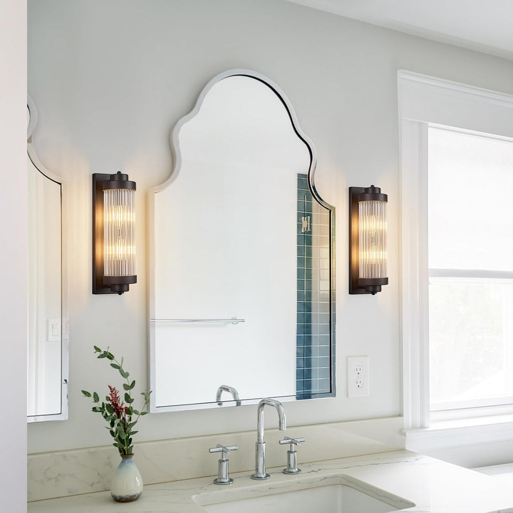 Black Wall Sconces Set of Two with Crystal Glass Strip Bathroom Sconces Modern Wall Lights for Bedroom Living Room Hallway Wall Light Fixtures, 2 Light E12 Base