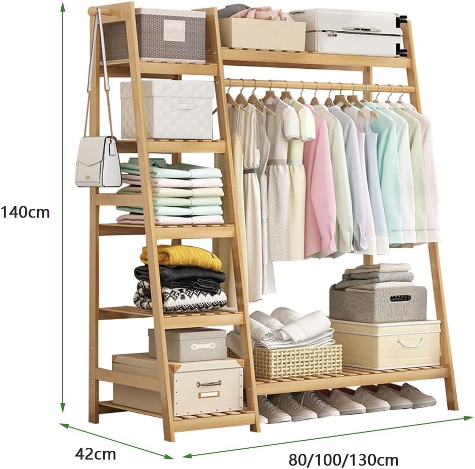 Coat Rack, Bamboo Garment Rack 5 Tier Storage Shelves Clothes Hanging Rack With 2 Side Hooks Heavy Duty Clothing Rack Portable Wardrobe Closet Organizer Space Saving