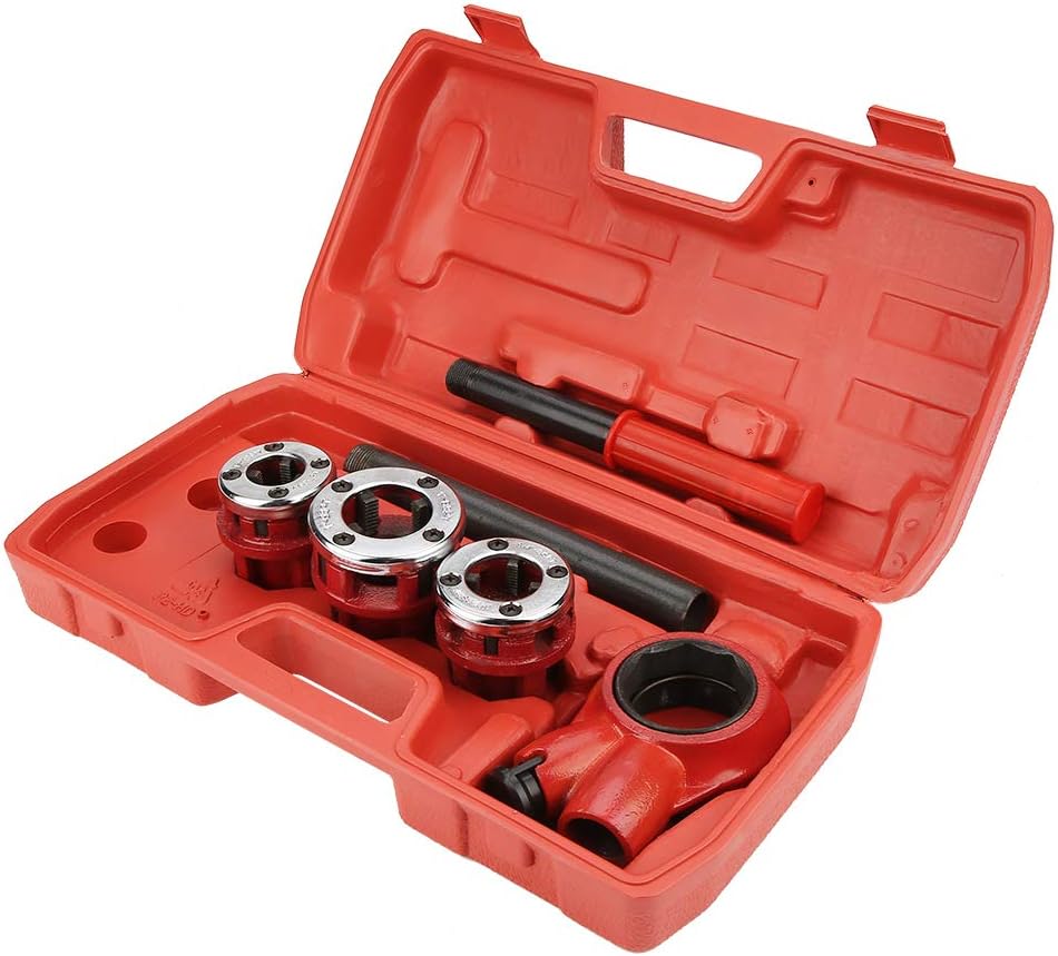 Manual Pipe Threader, Tap and Die Set, Plumber Pipe Cutting Kit, 0.5 0.75 1 1.25in Manual Thread Forming, Hand Tapping Tool Set, Plumbing Pipe Dies (Type 62A Three Heads)