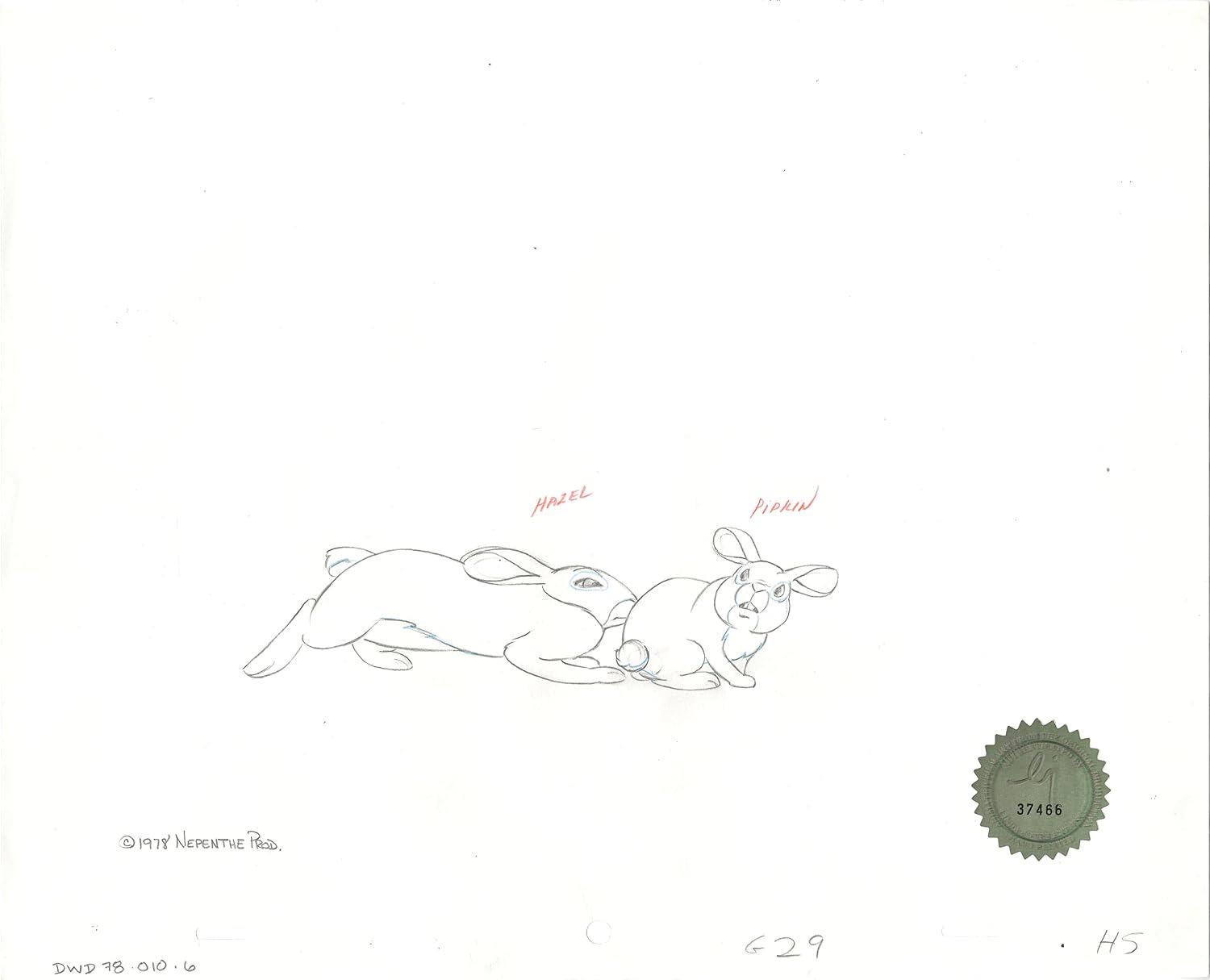 Watership Down 1978 Production Animation Cel Drawing with Linda Jones Enterprise Certificate of Authenticity 010-006