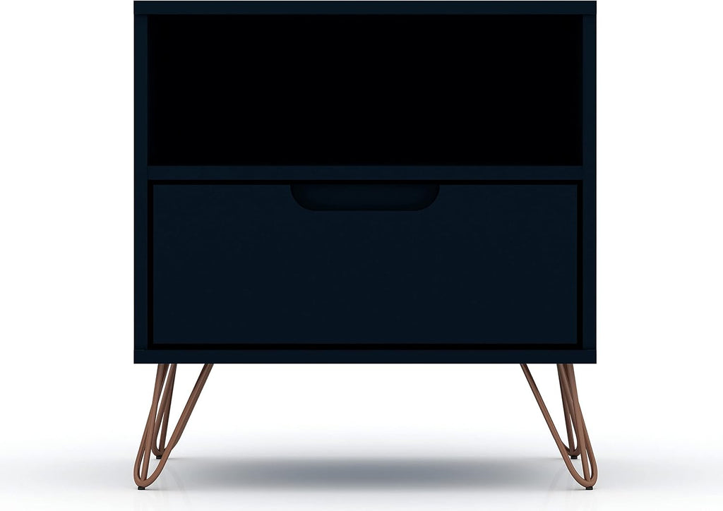 Manhattan Comfort Rockefeller Nightstands Set of 2 with Drawer and Cubby, Ideal for Bedroom and Living Room, Bedside Table with Mid Century Modern Design, Functional Storage Organizer, Blue