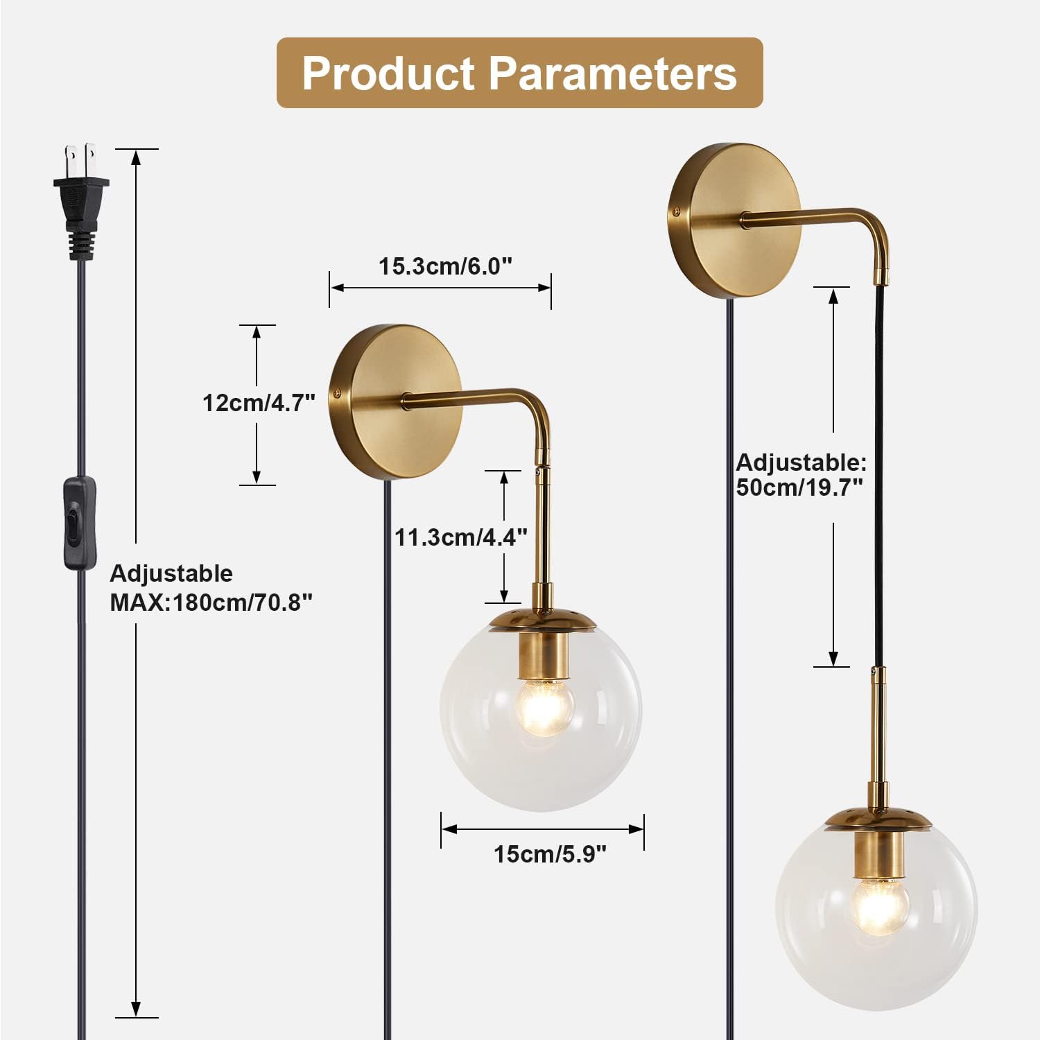 KCO Modern Globe Wall Sconce with Plug in Industrial Vintage Wall Lamp On/Off Switch Minimalist 1-Light Mounted Lamps for Bedroom Living Room Corridor (Clear & 2-Pack)