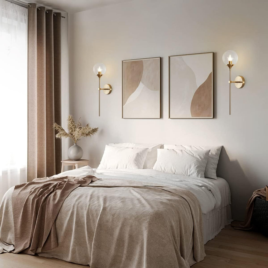 BOKT Clear Bubble Glass Globe Wall Mounted Sconce Light Set of 2 Modern Brass Gold Long Pole Wall Sconce Lighting Set of Two Mid Century Vintage Bathroom Mirror Wall Lamp (Clear)