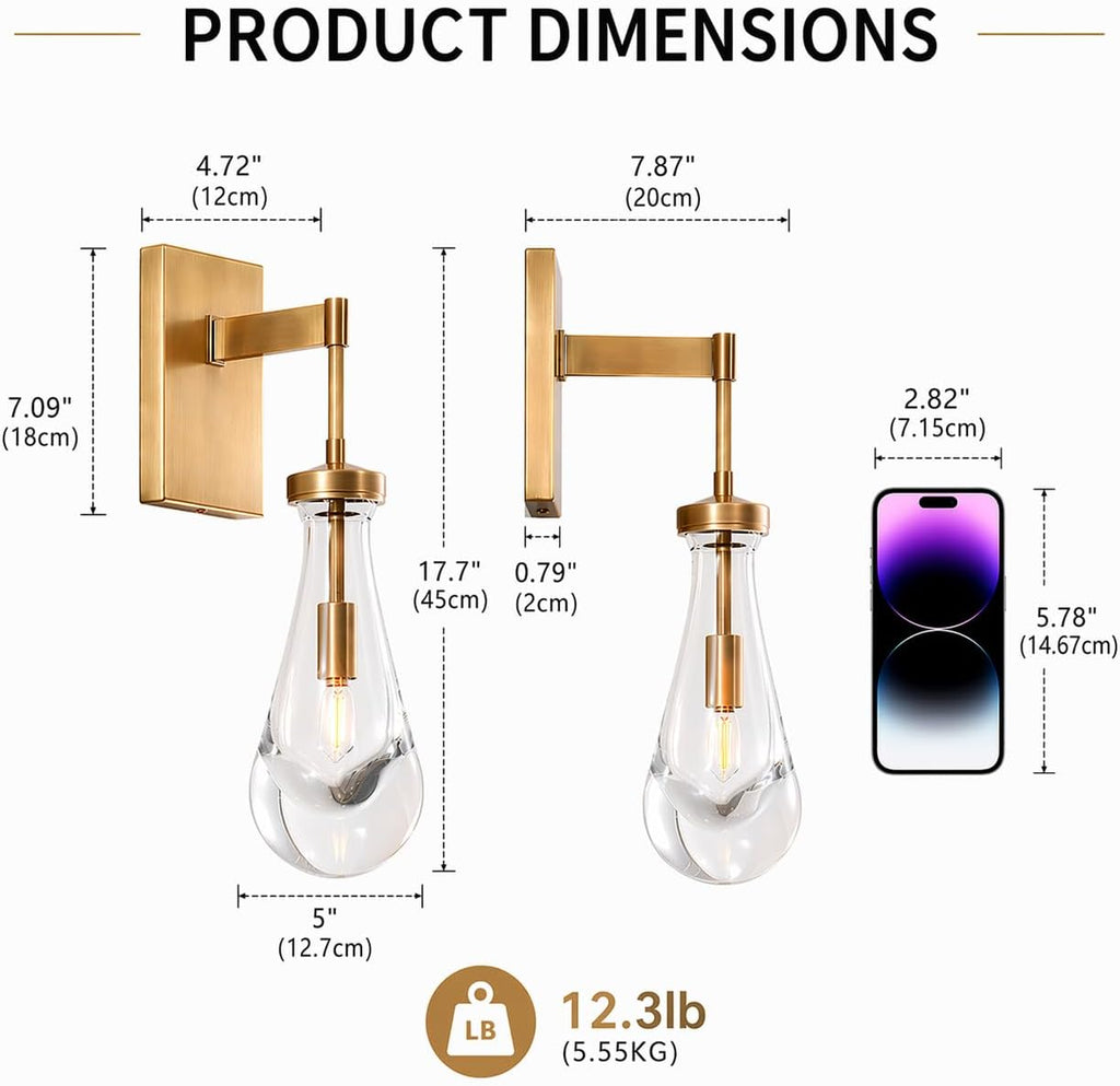 Raindrop Brass Wall Sconces Set of 2, Teardrop Glass Brushed Gold Dimmable Wall Lights with E12 Bulbs Included, Hardwired Bathroom Vanity Light for Bedroom, Living Room, Hallway, Stairway, Foyer, Home