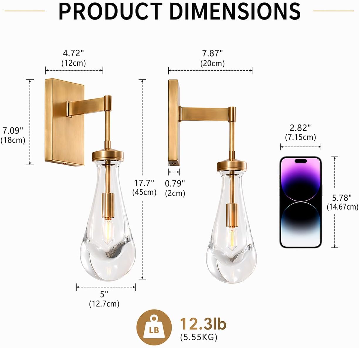 Raindrop Brass Wall Sconces Set of 2, Teardrop Glass Brushed Gold Dimmable Wall Lights with E12 Bulbs Included, Hardwired Bathroom Vanity Light for Bedroom, Living Room, Hallway, Stairway, Foyer, Home
