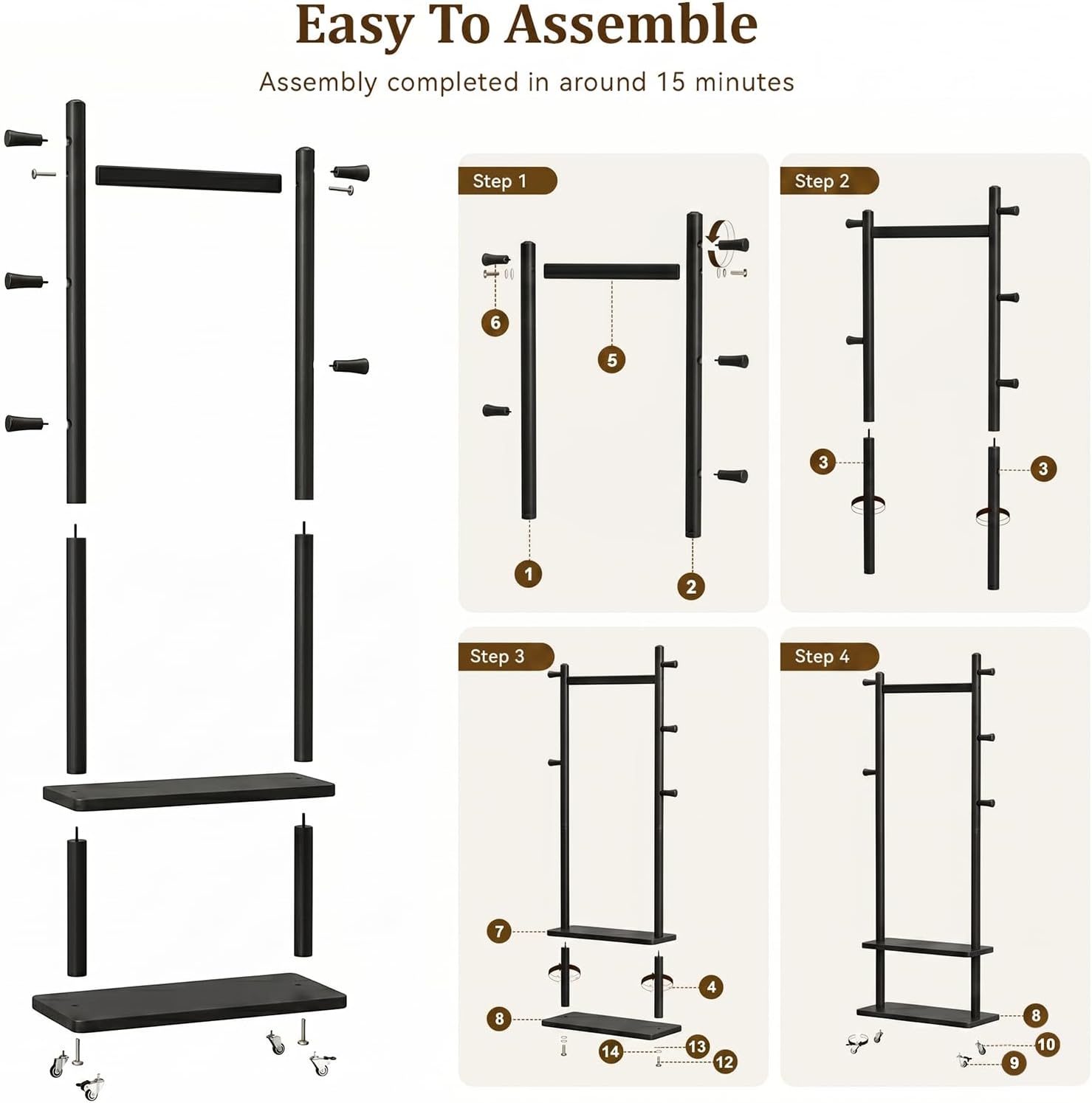 Solid Wood Coat Rack Freestanding Clothing Rack with Wheels & 2 Shelves Storage & 5 Hooks Heavy Duty Clothes Rack Wood Coat Tree Stand Hat Hanger Rack for Corner Bedroom Entryway Living Room Hotel