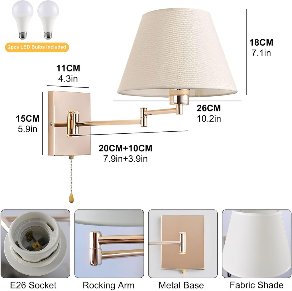 Swing Arm Wall Sconces Set of 2, Indoor Wall Lamp with White Beige Shade Reading Wall Light Fixture with On/Off Switch for Living Room Doorway Study Room Bedroom Bedside