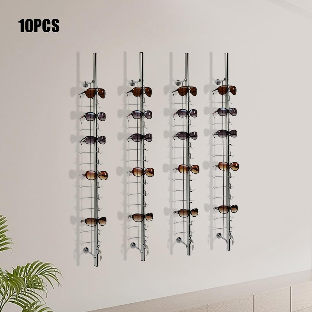Sunglasses Rack Organizer, 10PCS Aluminum Wall Mount Eyeglasses Rack, Silver Sunglasses Rack Holder Eyeglasses Display Stand for Exhibition Display, Shop Display, Personal Storage (12 Pairs)