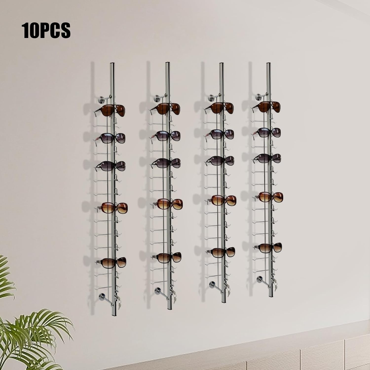 Sunglasses Rack Organizer, 10PCS Aluminum Wall Mount Eyeglasses Rack, Silver Sunglasses Rack Holder Eyeglasses Display Stand for Exhibition Display, Shop Display, Personal Storage (12 Pairs)