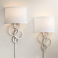Possini Euro Design Circles Modern Wall Light Sconces Set of 2 Brushed Nickel Silver Metal Plug-in 12' Fixture Off-White Cotton Half Shade for Bedroom Bathroom Vanity Living Room Home Hallway House