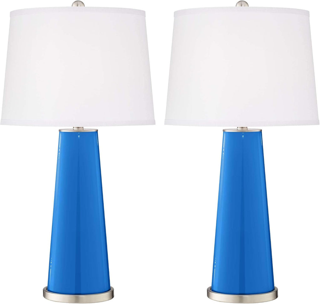 Color + Plus Leo Modern Table Lamps 29 1/2' Tall Set of 2 Royal Blue Glass Tapered Column Plain White Drum Shade Decor for Bedroom Living Room House Home Bedside Nightstand Office Family
