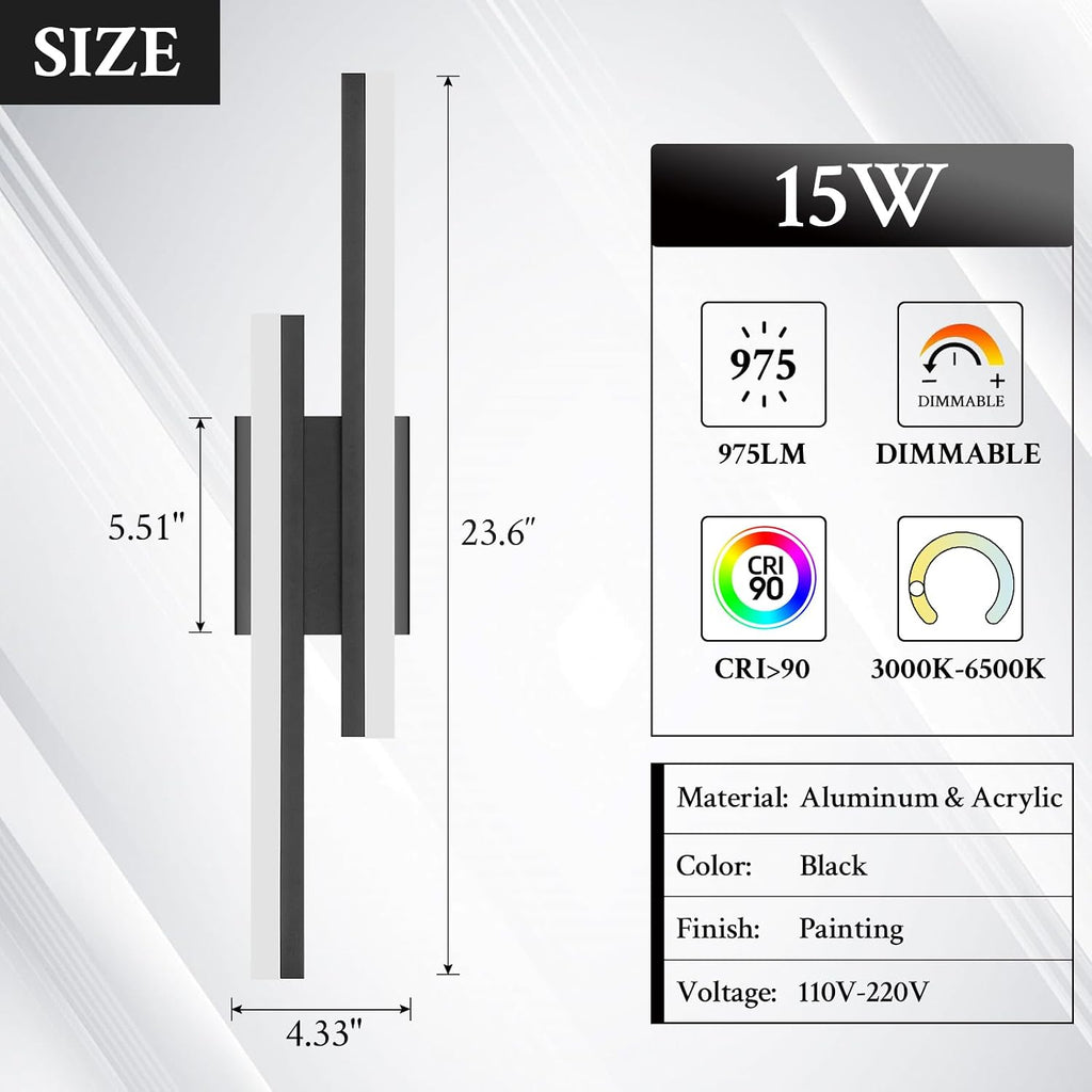 LED Wall Sconce Set of 2 Black Remote Modern LED Vanity Lights Set of 2 Indoor Wall Light Fixtures for Living Room, Dimmable Wall Sconce for Bedside Bedroom Bathroom, L23.6inch 2 Pack