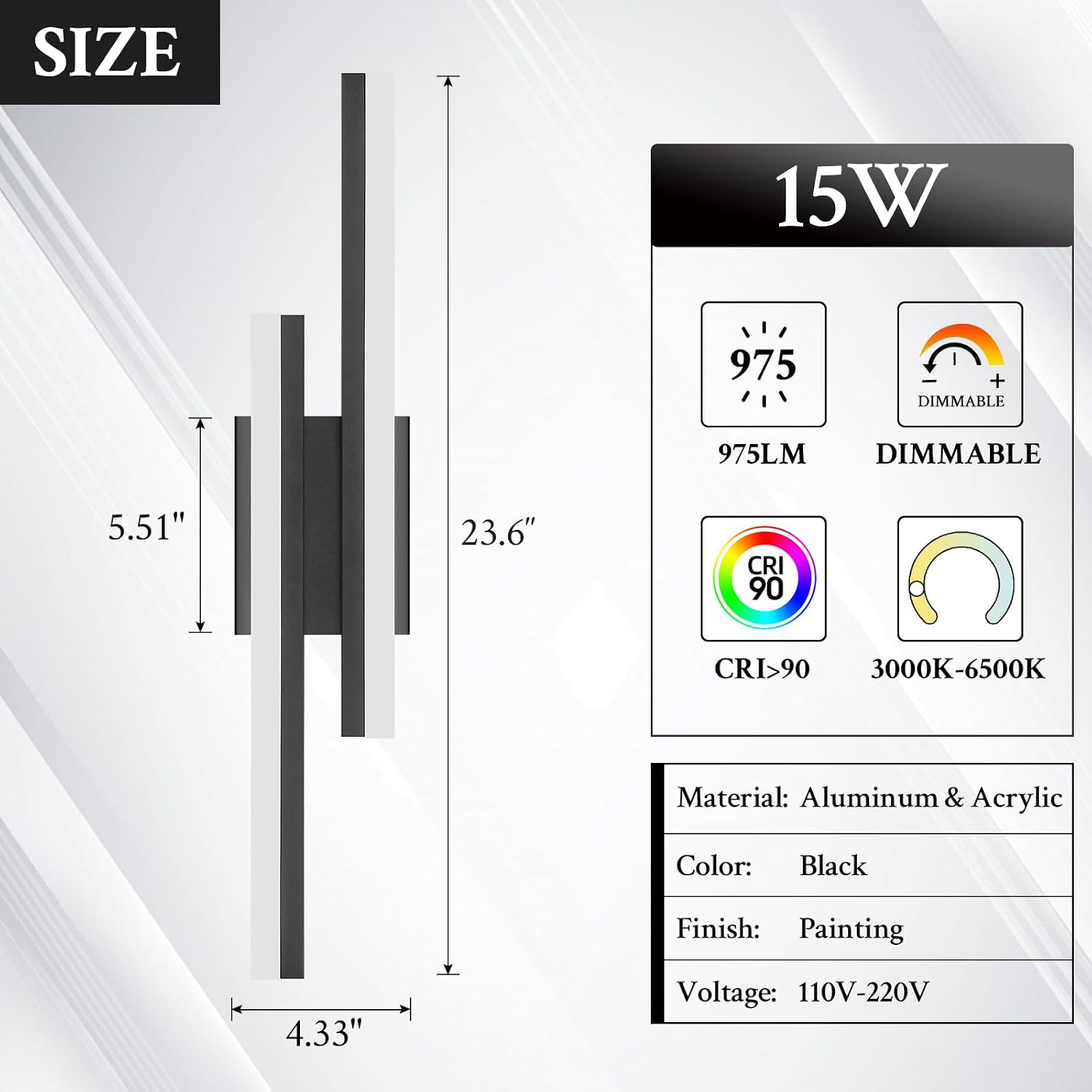 LED Wall Sconce Set of 2 Black Remote Modern LED Vanity Lights Set of 2 Indoor Wall Light Fixtures for Living Room, Dimmable Wall Sconce for Bedside Bedroom Bathroom, L23.6inch 2 Pack