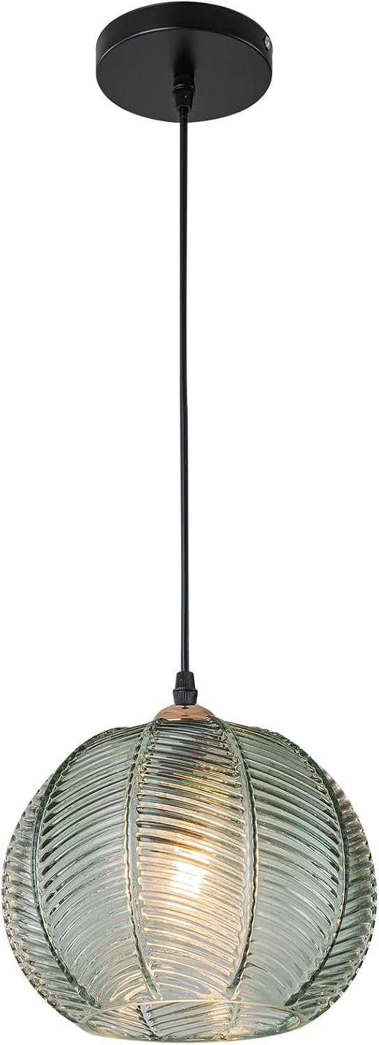 Blown Glass Pendant Light, Mid Century Green Hanging Light Fixture for Dining Room Bedroom, Single Globe Pendant Light Kitchen Island with Adjustable Cord, E26 Base