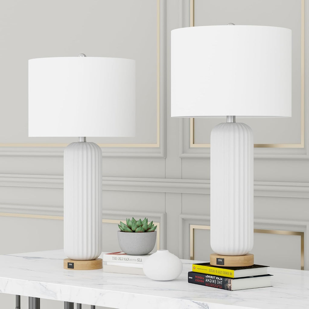 Maxax 28' Ceramic Table Lamps Set of 2, White Modern Nightstand Lamp with USB Charging Port, 3 Way Dimmable Bedside Lamp with Linen Shades for Bedroom, Living Room and Office