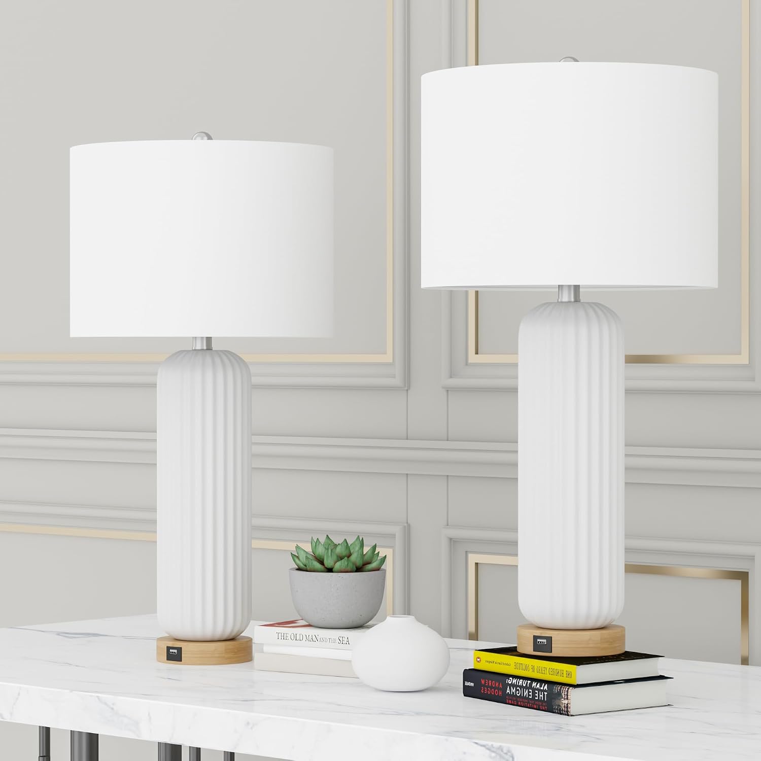 Maxax 28' Ceramic Table Lamps Set of 2, White Modern Nightstand Lamp with USB Charging Port, 3 Way Dimmable Bedside Lamp with Linen Shades for Bedroom, Living Room and Office