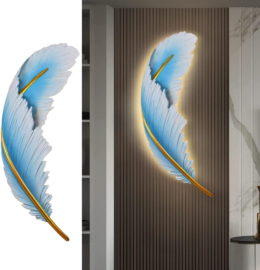 LED Wall Lamp Dimmable Wall Sconce Lights Fixtures Blue Feather Sconce Light 3000K-6000K Modern Feather Lamp Elegant Wall Mount Lamp Resin Deco Lighting for Bedroom Living Dining Room
