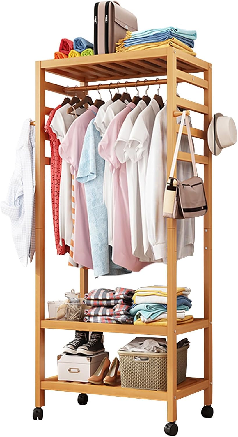 Bamboo Garment Rack Clothes Shelf Shoes Storage with 4 Hooks, Top Rod, 3 Storage Shelves, Wheels, Rolling Clothes Rack for Hanging Clothes, Clothing Racks Storage Organizer