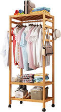 Bamboo Garment Rack Clothes Shelf Shoes Storage with 4 Hooks, Top Rod, 3 Storage Shelves, Wheels, Rolling Clothes Rack for Hanging Clothes, Clothing Racks Storage Organizer