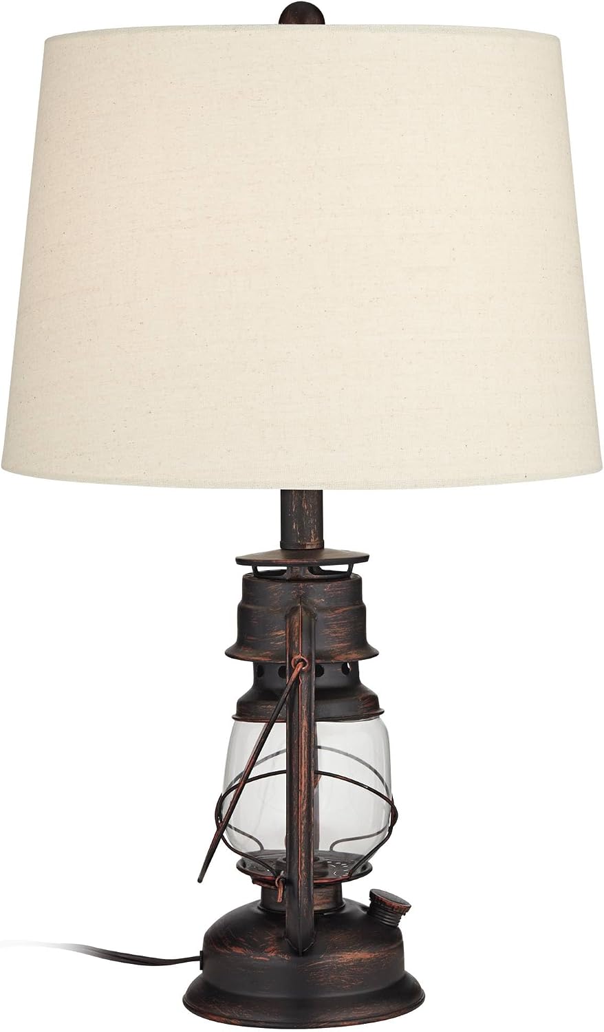 Franklin Iron Works Murphy 23' High Miner Lantern Small Farmhouse Rustic Traditional Accent Table Lamps Set of 2 Red Bronze Finish Metal Oatmeal Shade Living Room Bedroom Bedside Nightstand House