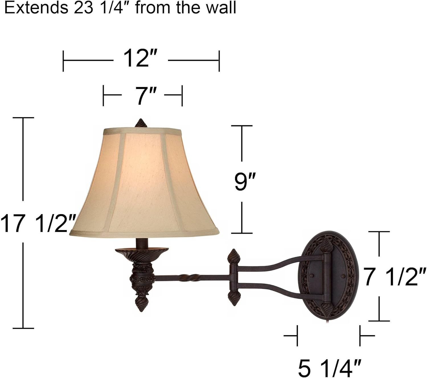Barnes and Ivy Godia Vintage Rustic Swing Arm Wall Lamps Set of 2 Bronze Brown Metal Plug-in Light Fixture Beige Softback Fabric Bell Shade for Bedroom Bedside Living Room Reading House Home