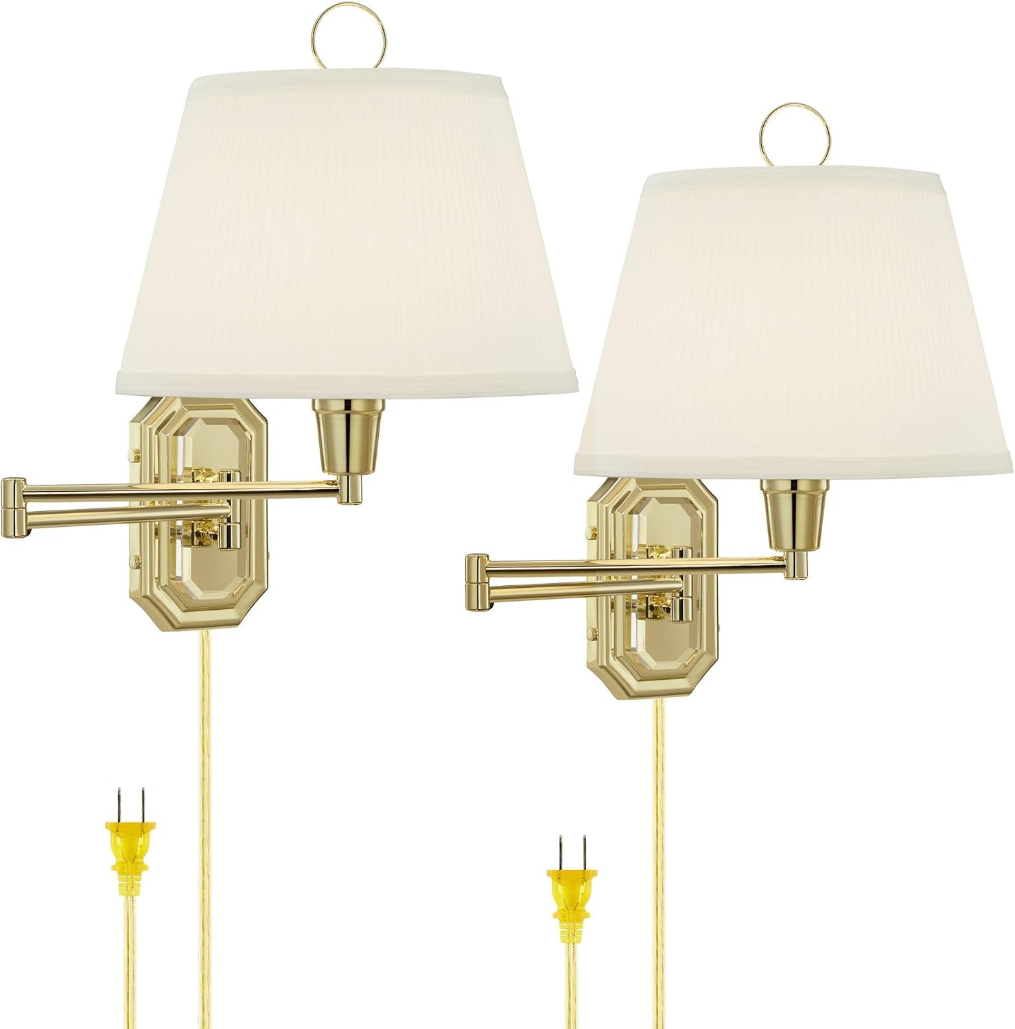 Barnes and Ivy Fredericks Modern Wall Lamps Set of 2 Brass Gold Metal Plug-in 12' Swing Arm Ivory Mushroom Pleated Shade for Bedroom Living Room Home Hallway Dining Kitchen Reading