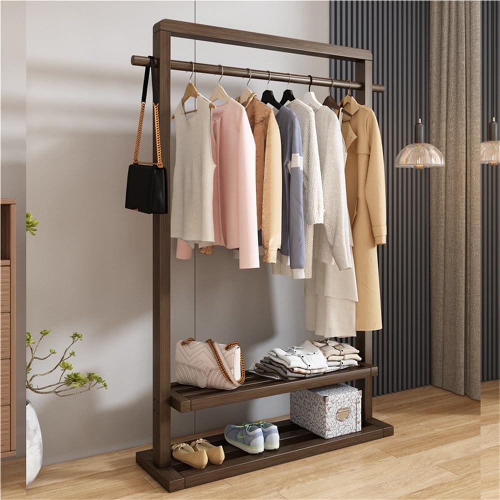 Bamboo Clothes Rack for Hanging Clothes, Freestanding Garment Rack with Double Shelves, Floor-Standing Clothing Organizer for Bedroom or Closet Storage(Brown,105cm-41.3in)