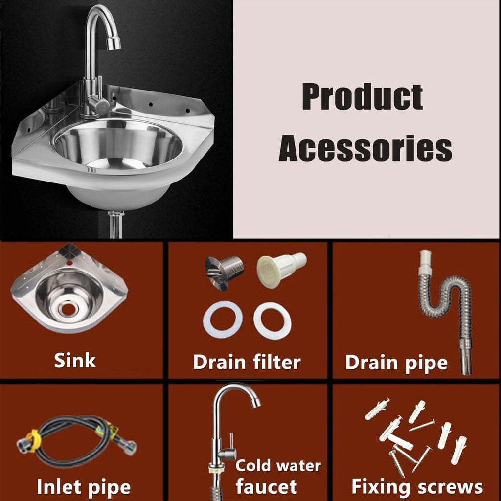 RV Sink,Wall Mounted Stainless Steel Corner Washbasin, Corner Kitchen Sink with Tap, Sink Drain Pipe, Ideal for RV, Boat, Bathroom, Kitchen, Toilet