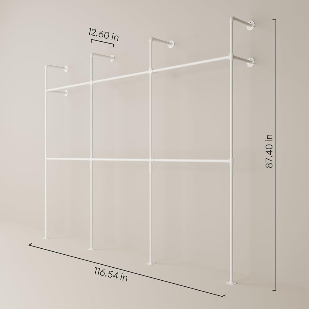 pamo Industrial Pipe Clothing Rack White Metal - 880 lbs Capacity - Wall-Mounted Clothes Racks for Hanging Clothes - Modern Walk-In Closet