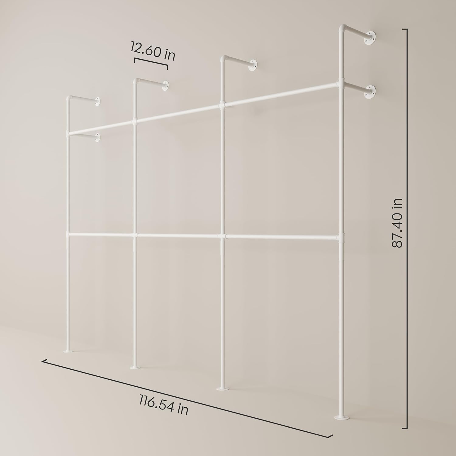 pamo Industrial Pipe Clothing Rack White Metal - 880 lbs Capacity - Wall-Mounted Clothes Racks for Hanging Clothes - Modern Walk-In Closet