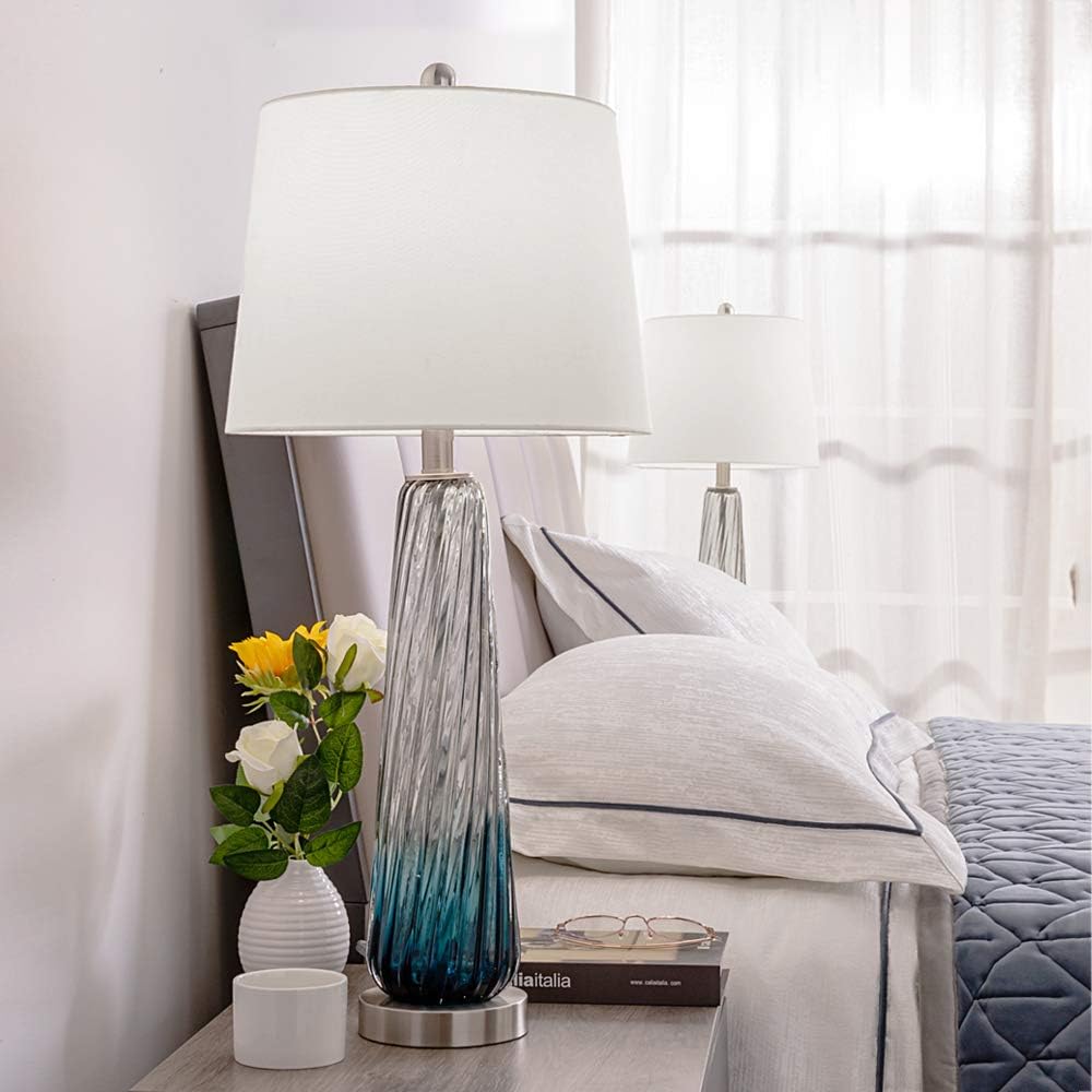 Maxax 29' Coastal Glass Table Lamps Set of 2, Modern Blue Bedside Lamps for Living Room 3 Way Dimmable Tall Glass Bedroom Lamp for Nightstand