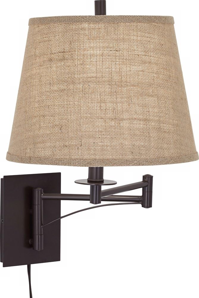 Franklin Iron Works Brinly Farmhouse Rustic Swing Arm Wall Lamp Matte Brown Metal Plug-in 12' Fixture Burlap Hardback Drum Shade for Cottage Core Bedroom Bedside Living Room Hallway Dining House