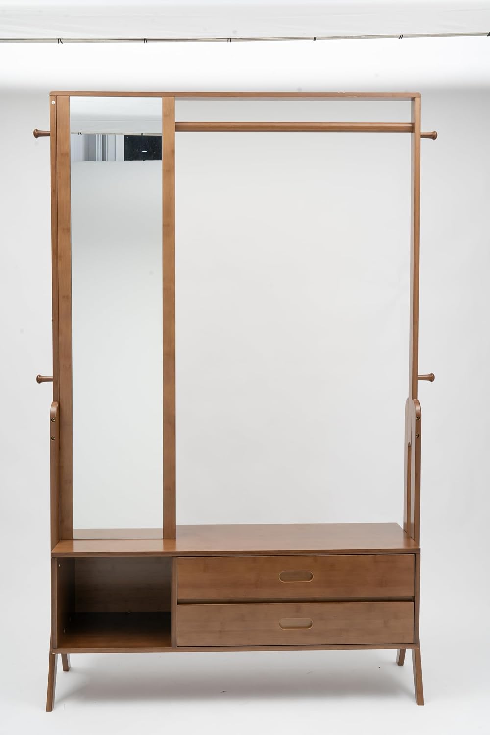 Bamboo Garment Rack with Full-Length Mirror, Multi-Functional Clothes Organizers with 2 Drawers & Hanging Rod, 220LBS Load, Freestanding Open Wardrobe for Hallway/Checkroom