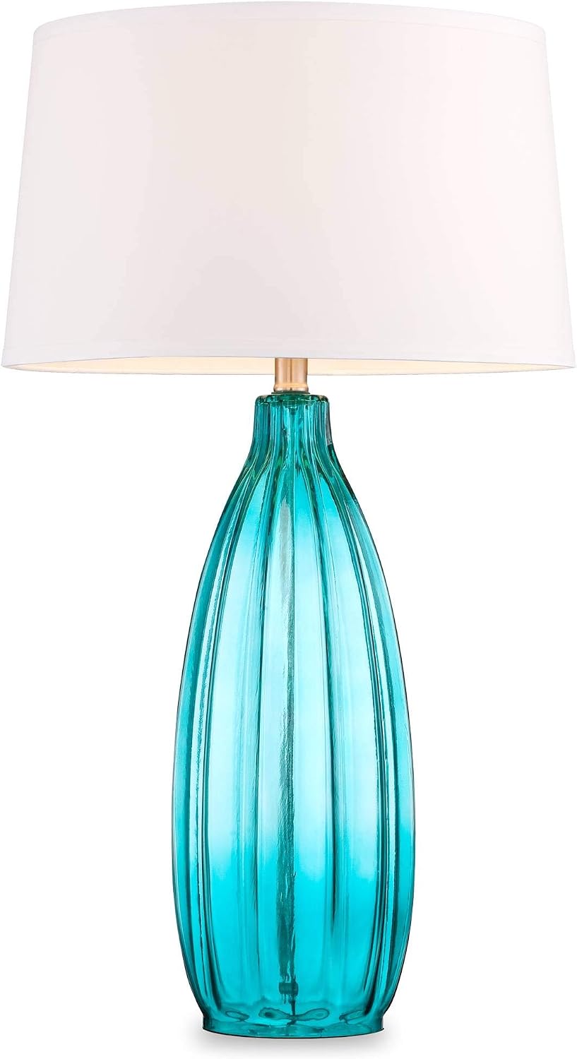 360 Lighting Stella Coastal Modern Table Lamps 30' Tall Set of 2 Fluted Blue Glass White Drum Shade Decor for Living Room Bedroom Beach House Bedside Nightstand Home Office